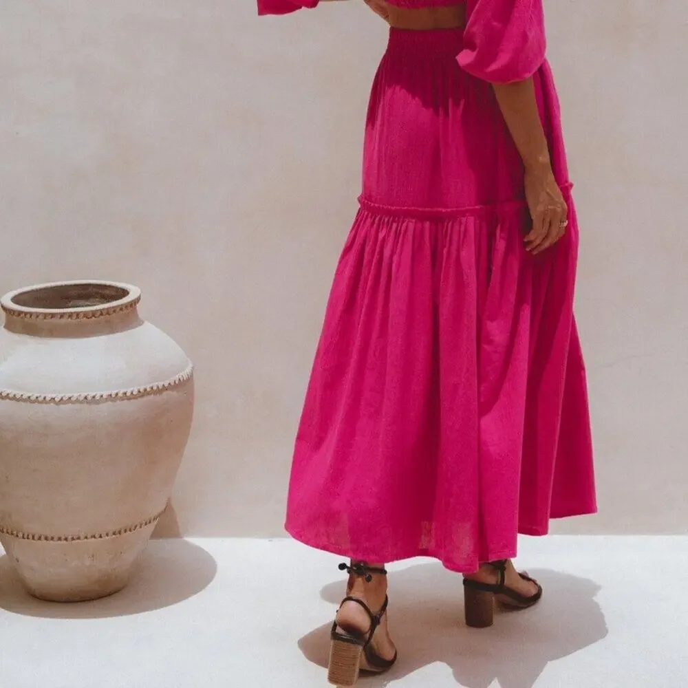 ELF Annabelle Linen Maxi Skirt Magenta Pink Elastic Waist M - Picture 9 of 10